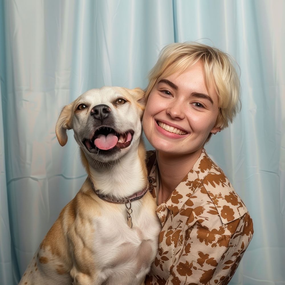 Blonde short hair girl having fun pose with dog in photobooth snap shot photography portrait person.