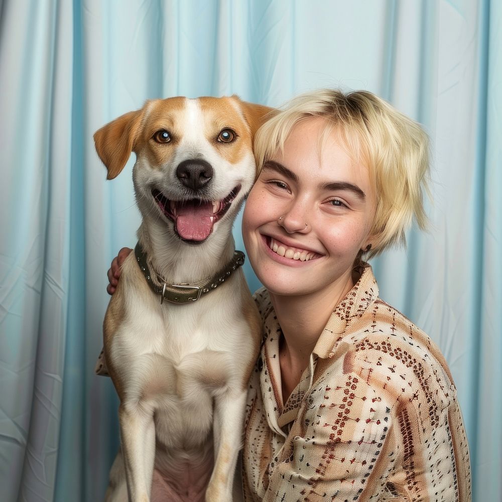 Blonde short hair girl having fun pose with dog in photobooth snap shot photography accessories accessory.