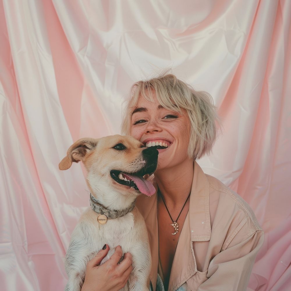 Blonde short hair girl having fun pose with dog in photobooth snap shot photography accessories accessory.