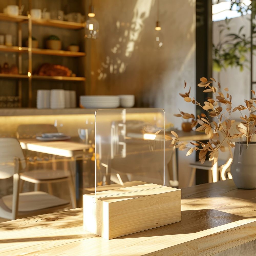 Clear acrylic counter stand mockup restaurant wood architecture.
