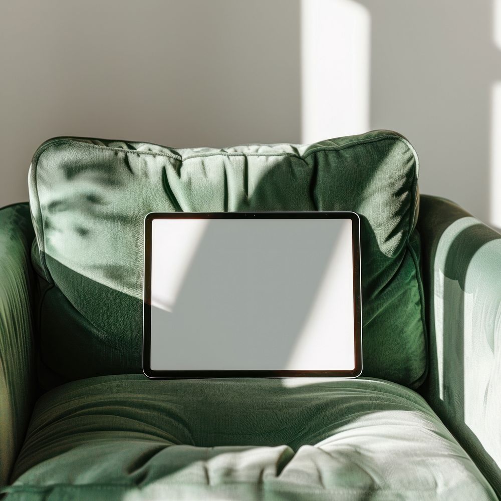 Blank screen tablet armchair furniture cushion.