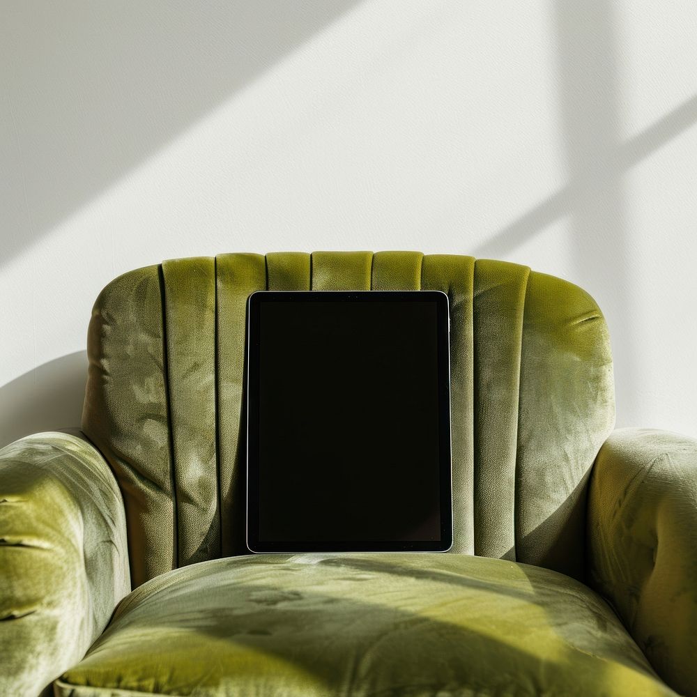 Blank screen tablet armchair furniture couch.