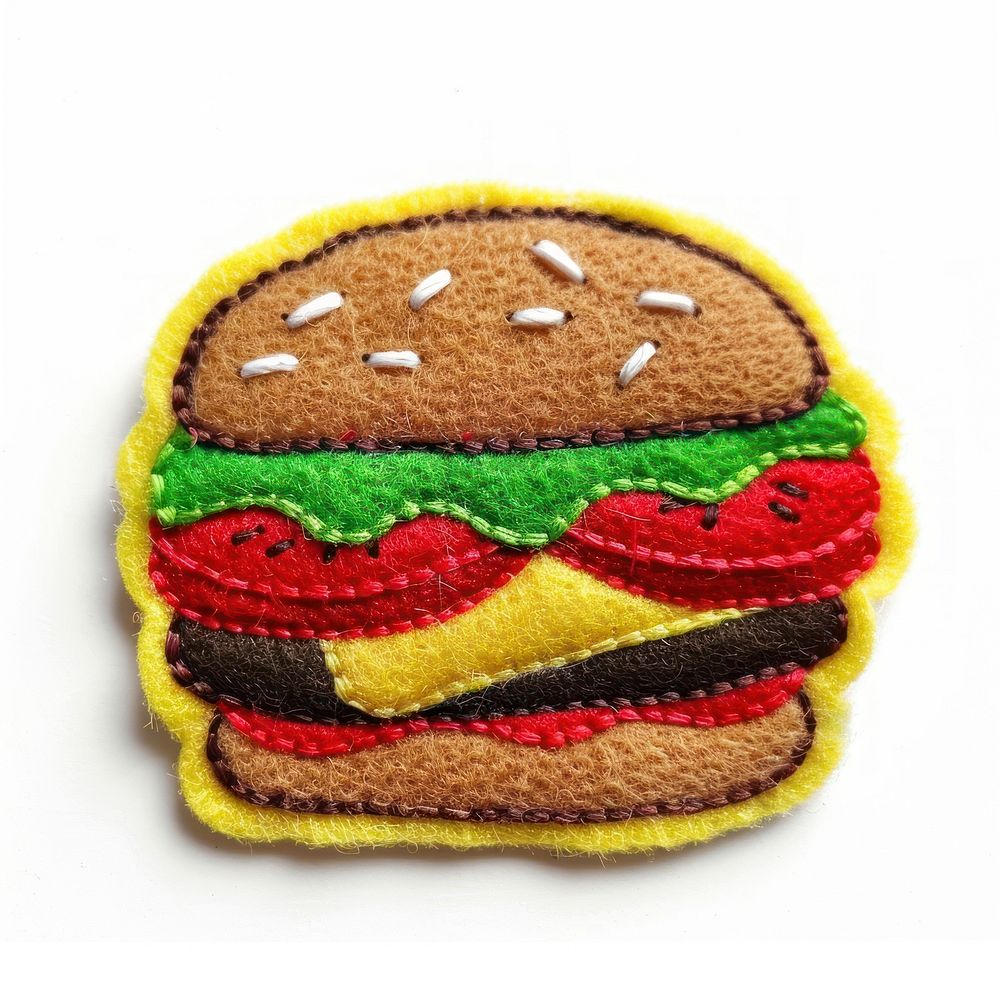 Felt stickers of a single burger confectionery dessert sweets.