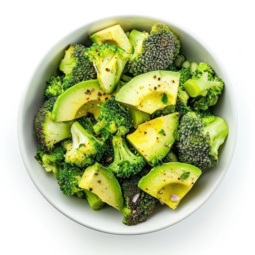 Avocado and broccoli salad vegetable produce plate.