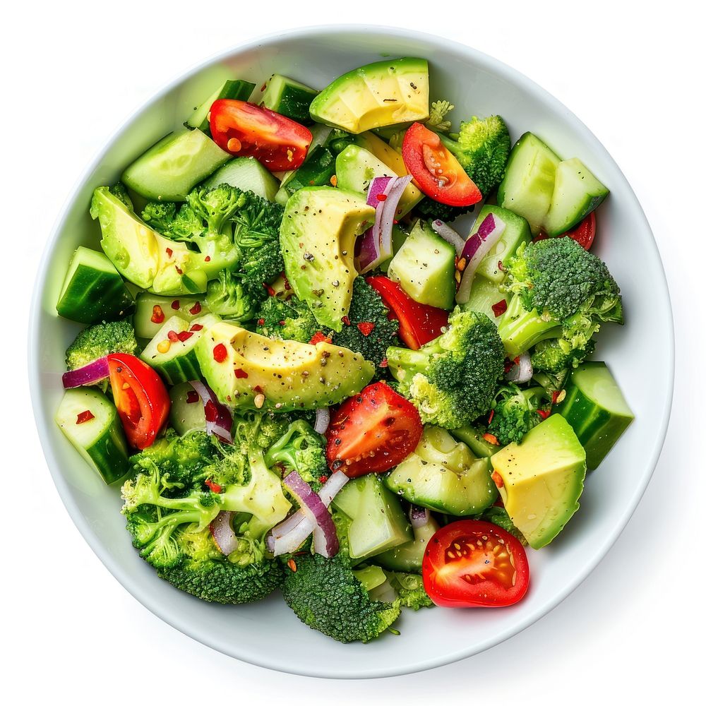 Avocado and broccoli salad produce plate bowl.