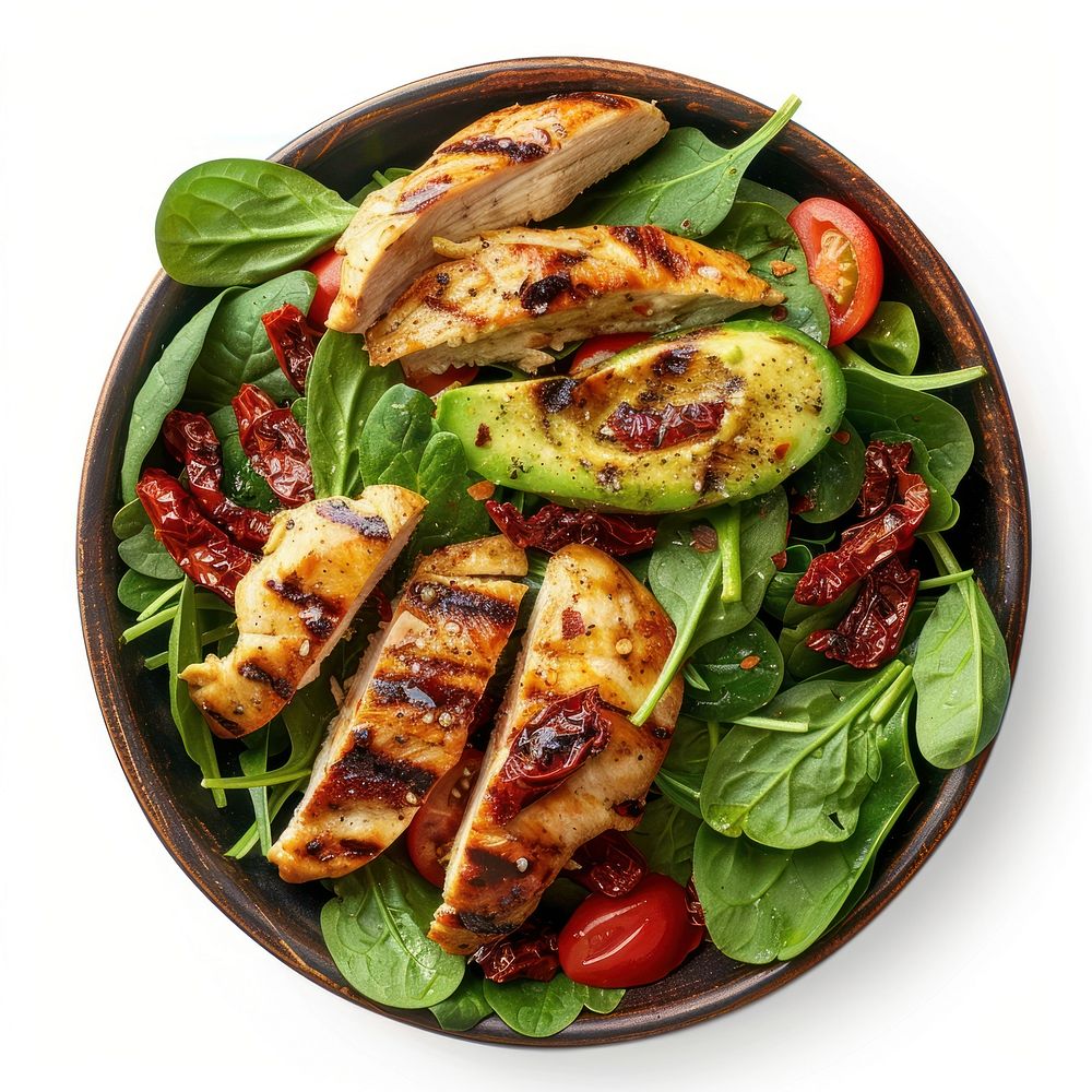 Grilled Chicken Sun Dried Tomato and Avocado Spinach Salad vegetable platter produce.