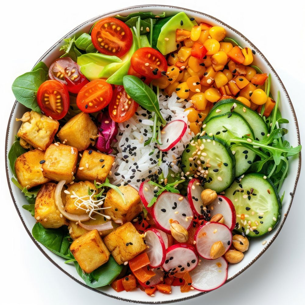 Summer vegan budhha bowl Salad platter lunch plate.