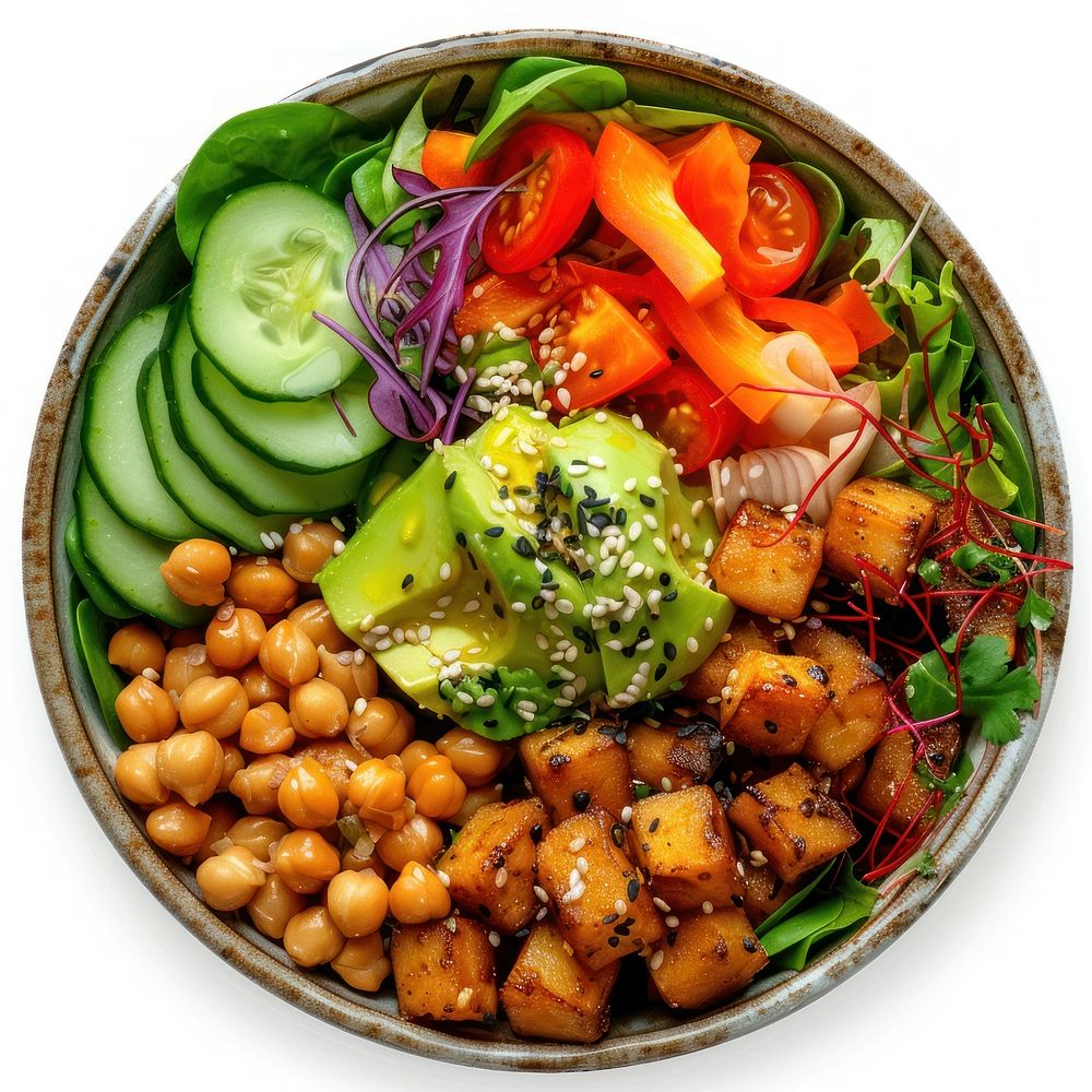 Vegan buddha bowl salad platter produce lunch.
