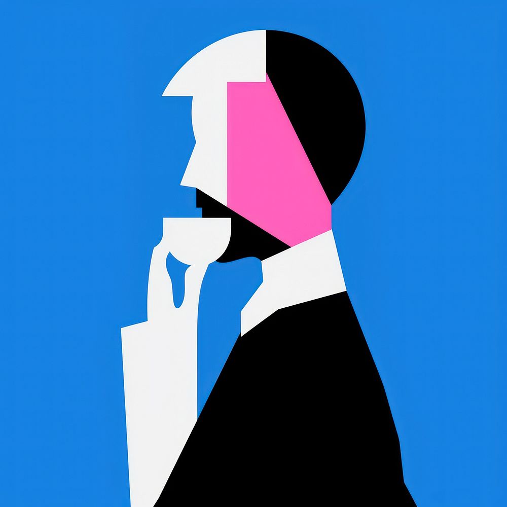 A flat illustration of an animated man sipping coffee silhouette symbol cross.