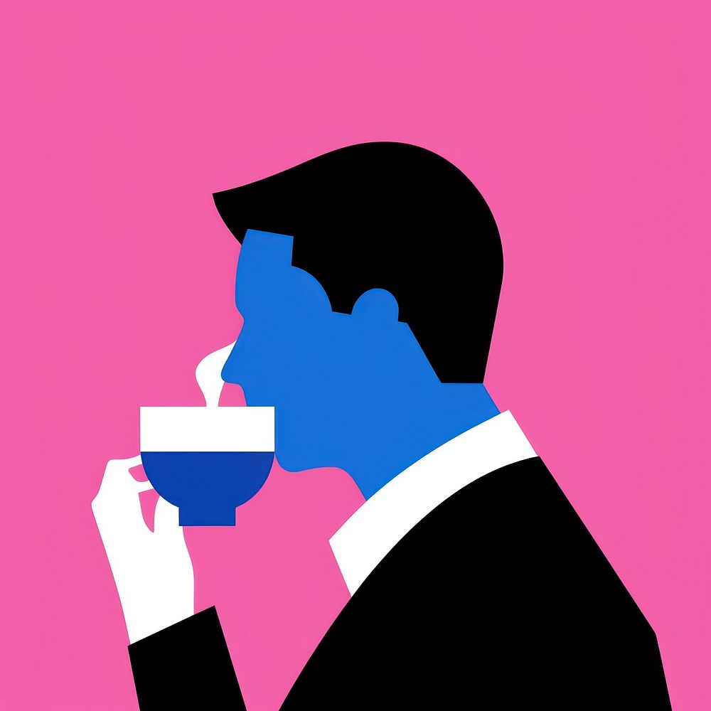 A flat illustration of an animated man sipping coffee graduation silhouette people.