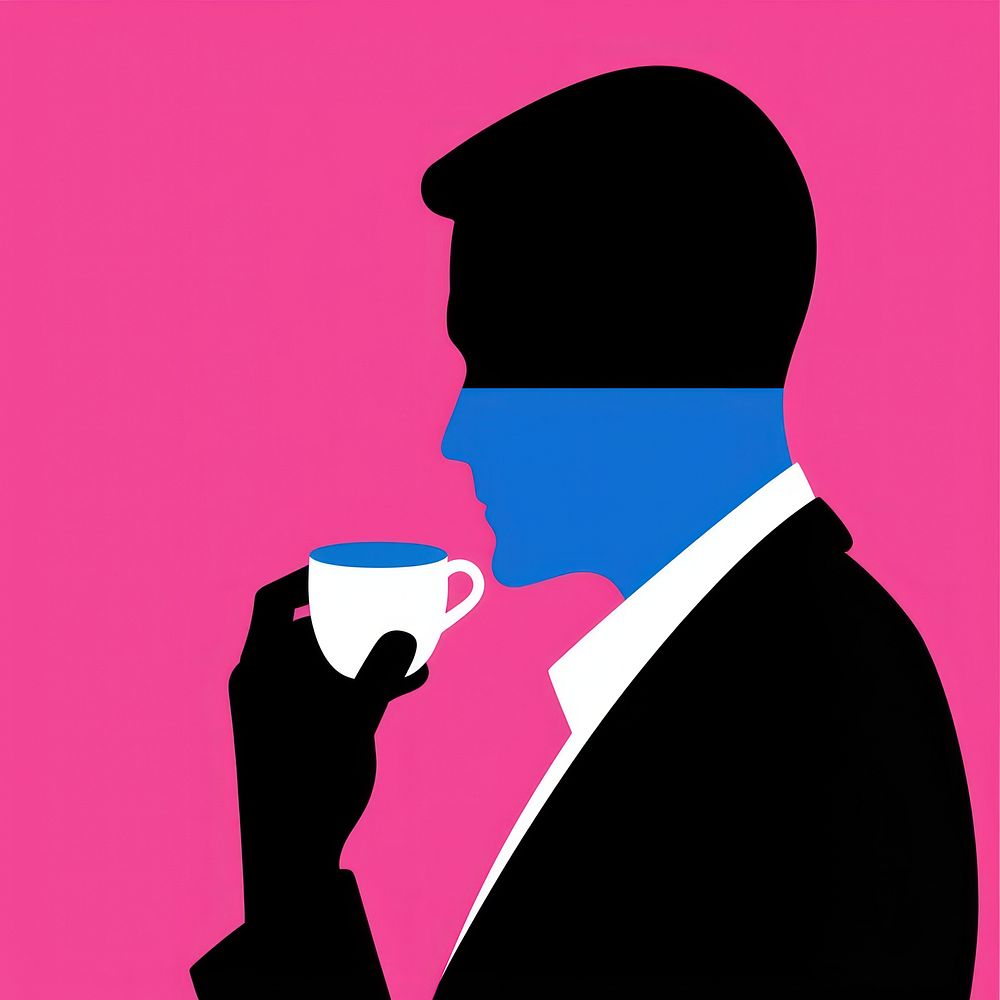 A flat illustration of an animated man sipping coffee silhouette beverage person.