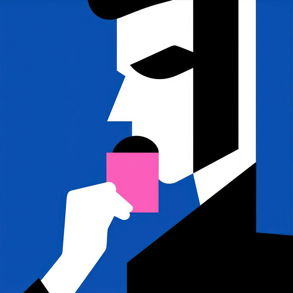 A flat illustration of an animated man sipping coffee cosmetics lipstick symbol.