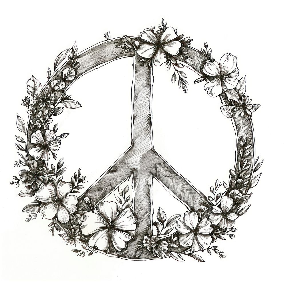 Floral inside Peace Sign Shape illustrated drawing sketch.