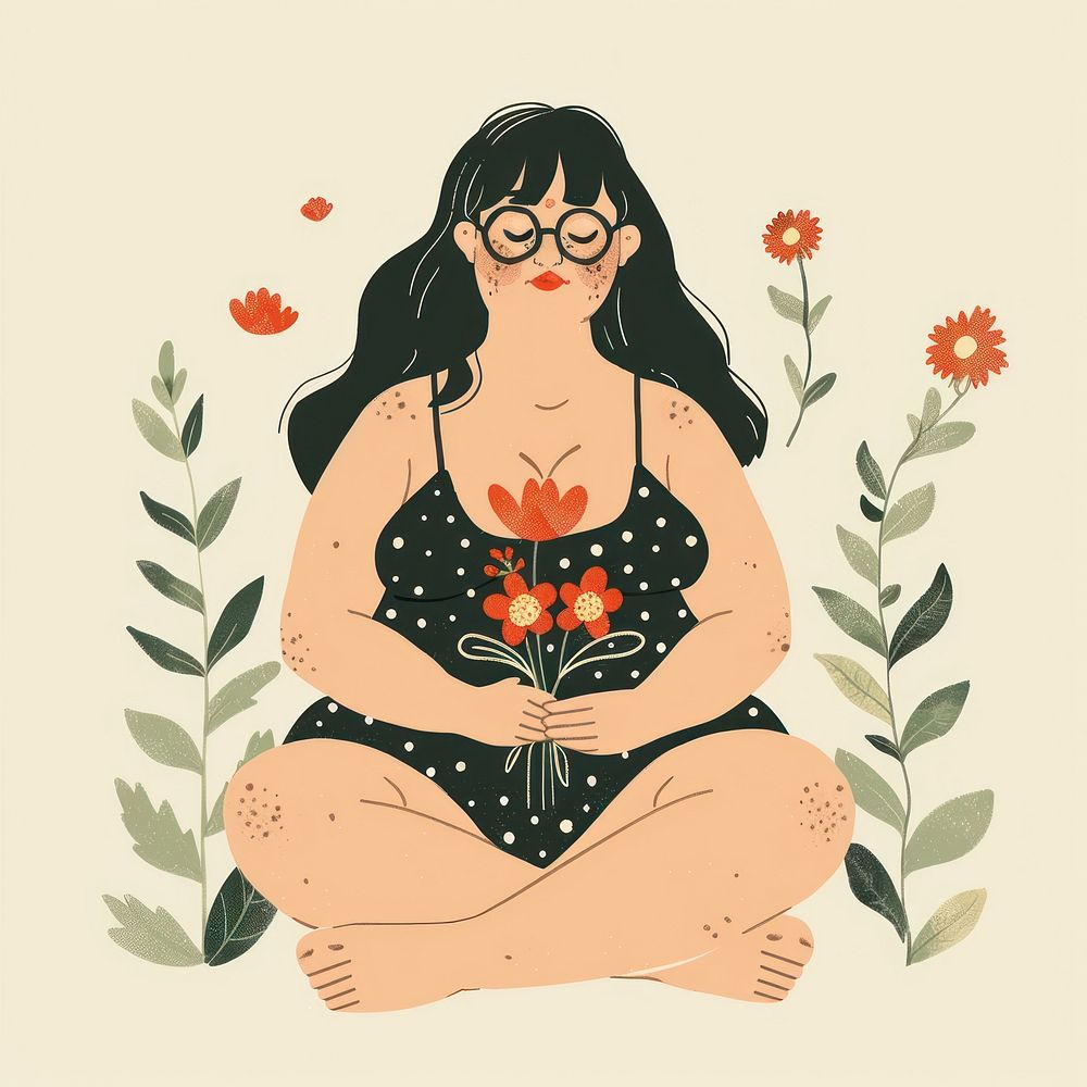 Plus-size woman flower art illustrated.