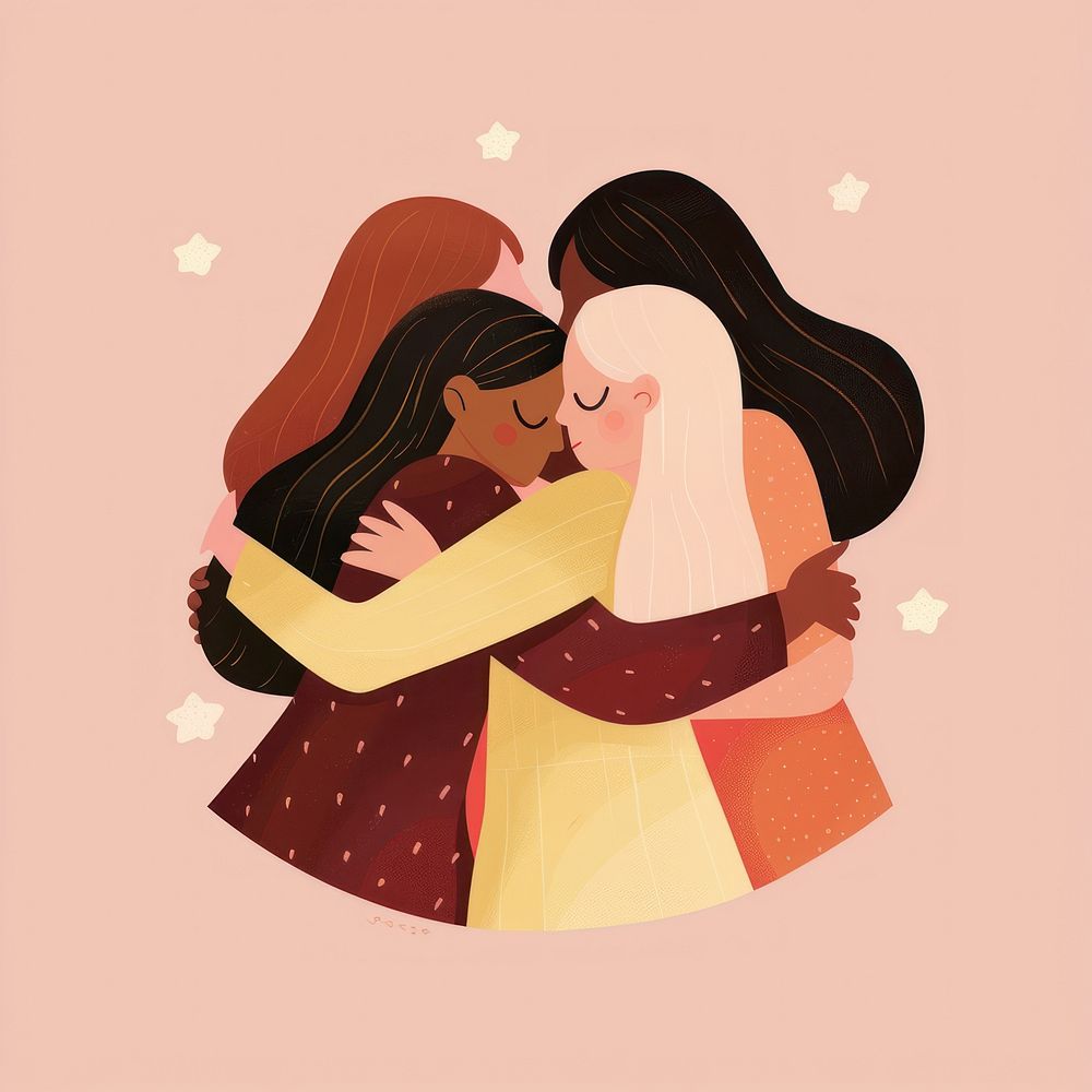 Women in different skin tones hugging illustrated recreation.