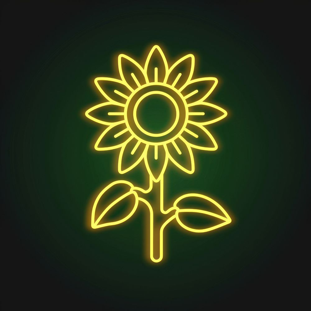 Yellow sunflower icon neon lighting outdoors.