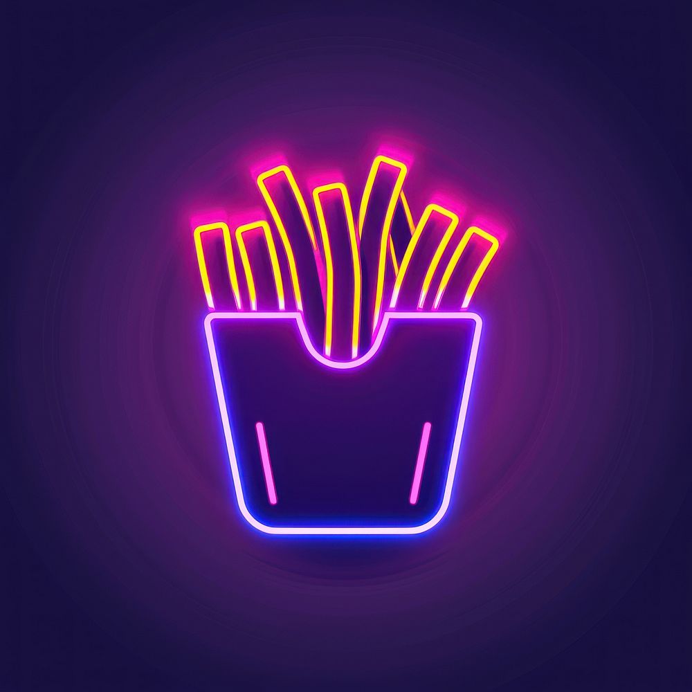 French fries icon neon light disk.