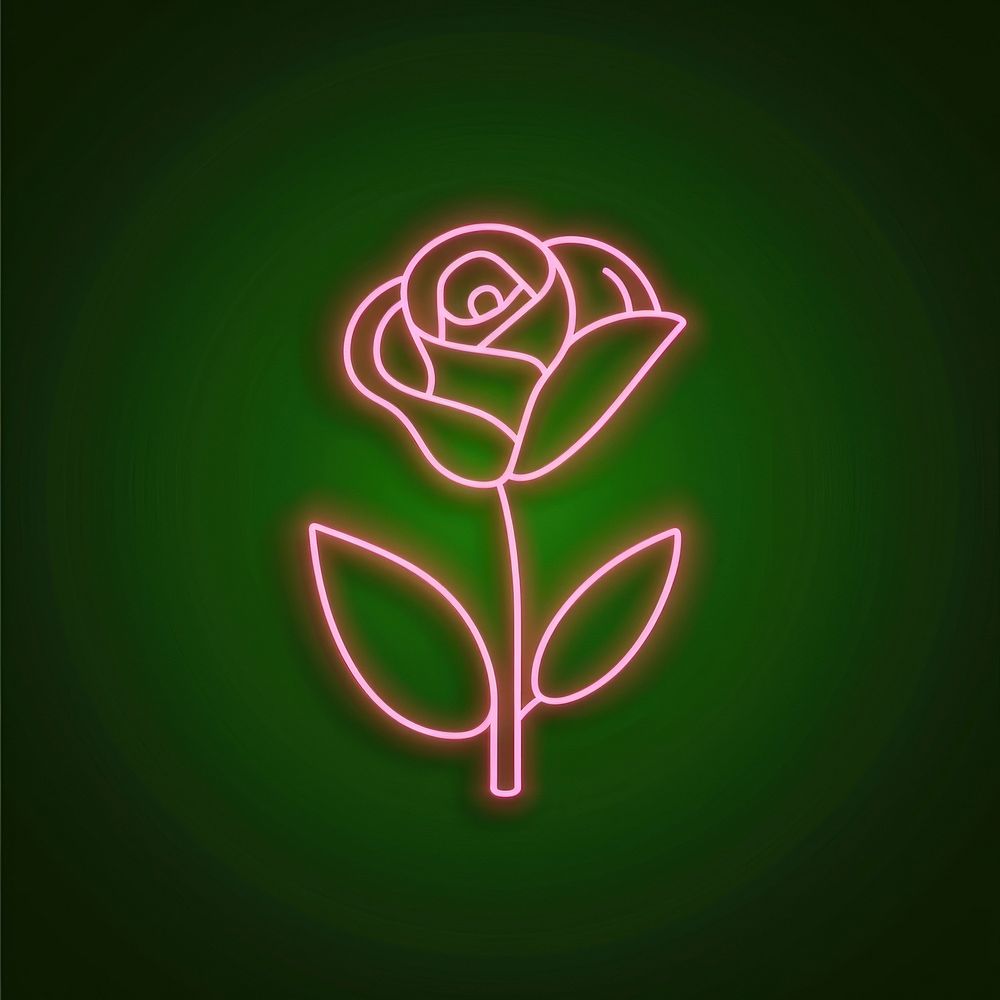 Pink rose icon neon light disk.