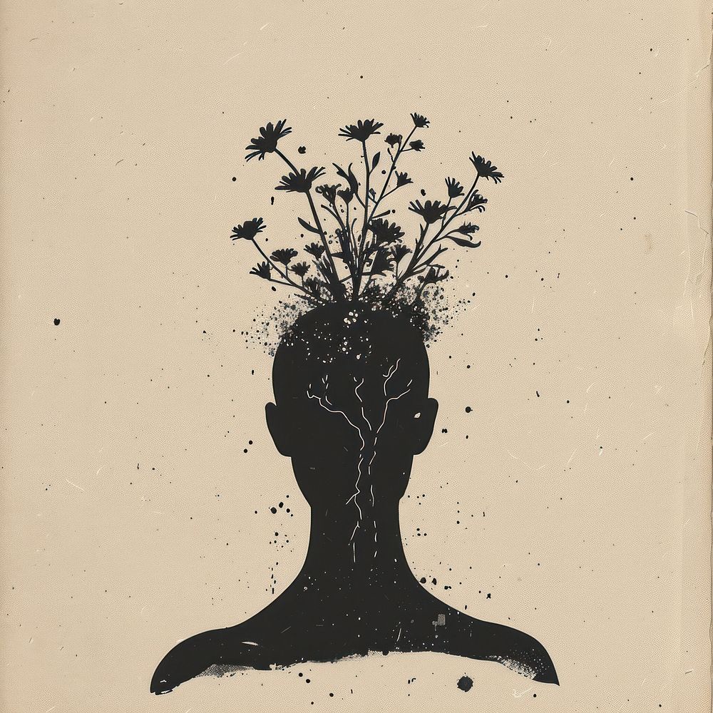 Silhouette shape of a man with flowers head face art.