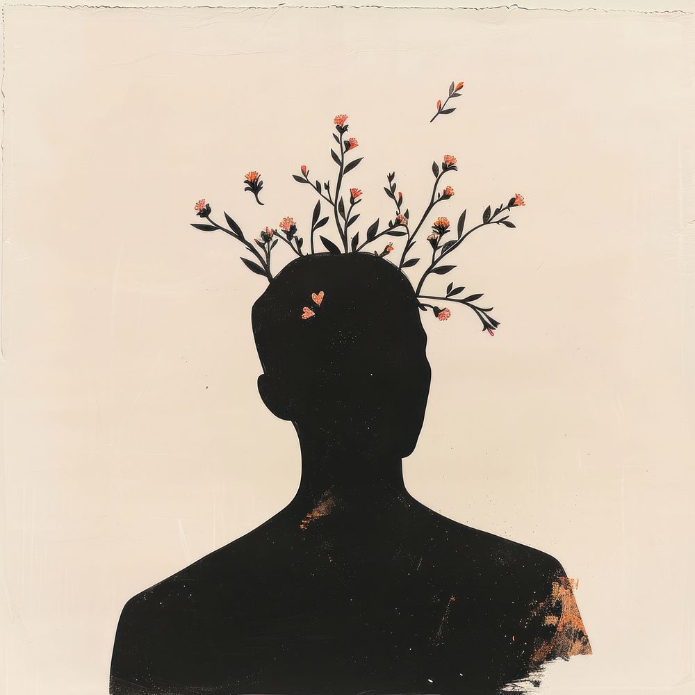 Silhouette shape of a man with flowers head art painting.