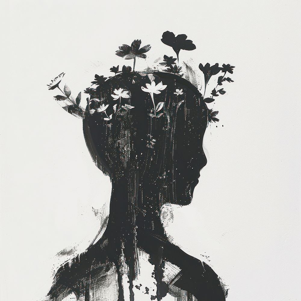 Silhouette shape of a man with flowers paper face head.