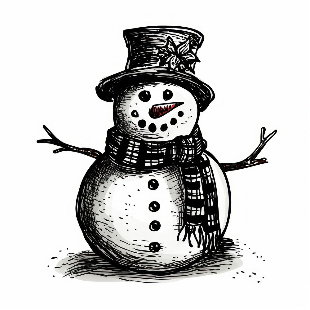 Ink drawing snowman outdoors nature winter.