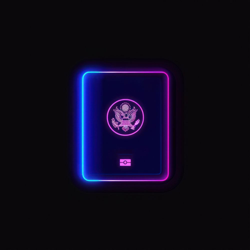 Blank cover passport icon neon purple light.
