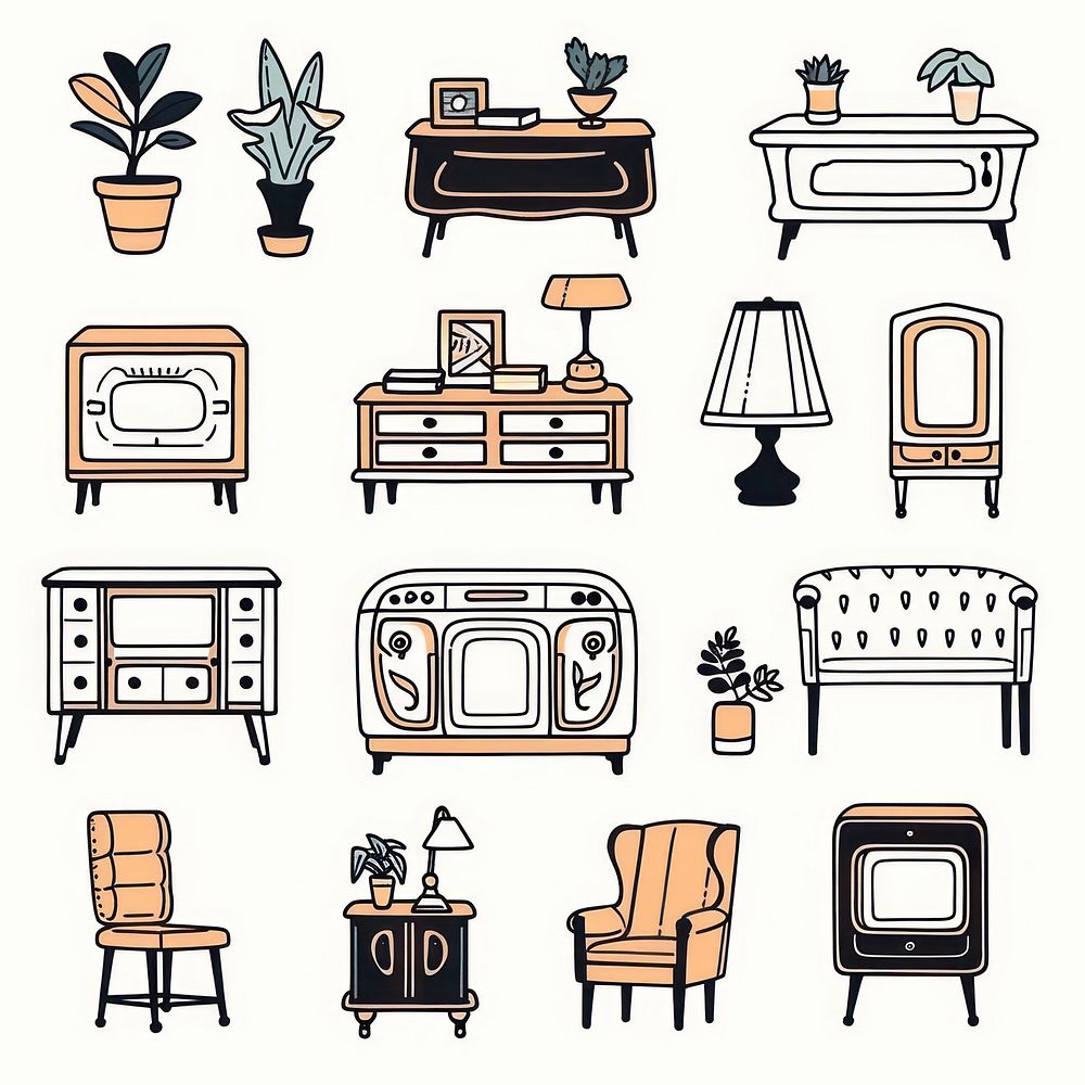 Vintage furniture illustrated electronics hardware.