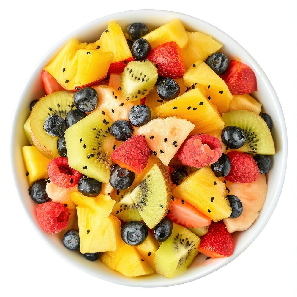 Photo of tropical fruit salad blueberry produce plate.