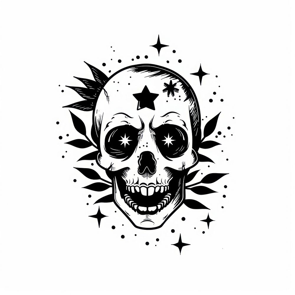 Vintage skull tattoo flat illustration logo stencil symbol.