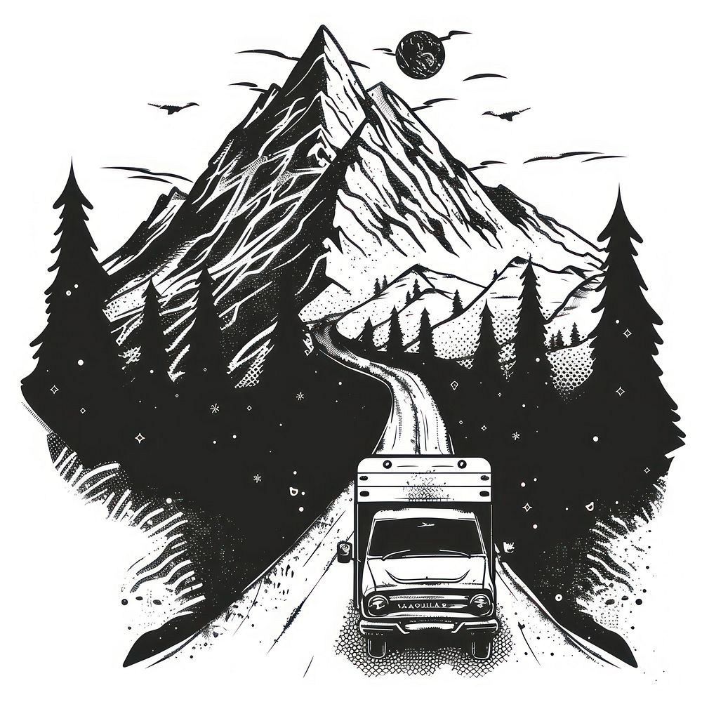 Holiday Trip Road to The Mountain tattoo flat illustration transportation illustrated outdoors.