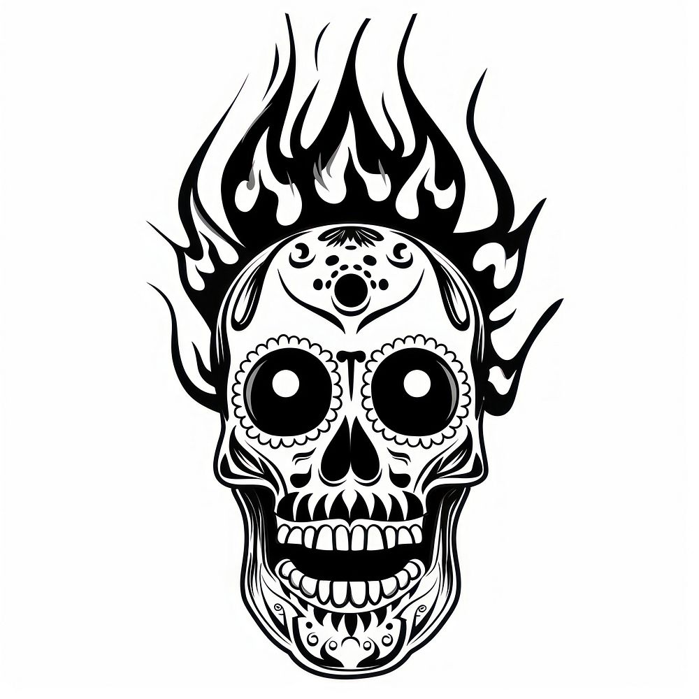 Mexican sugar skull fire tattoo flat illustration illustrated stencil drawing.