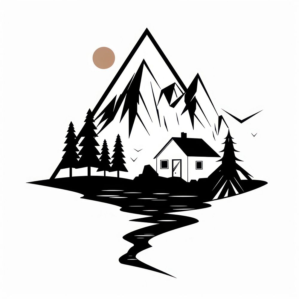 Moutain and house tattoo flat illustration illustrated outdoors stencil.