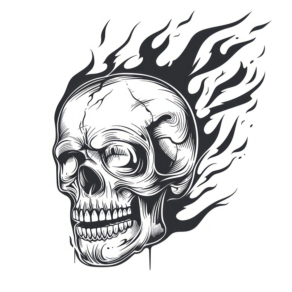 Skull fire tattoo flat illustration illustrated stencil drawing.