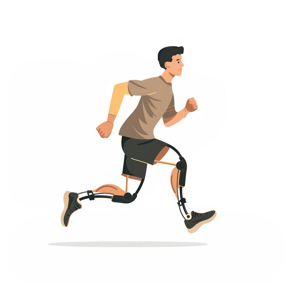 Man with prosthetic leg running clothing kneeling.