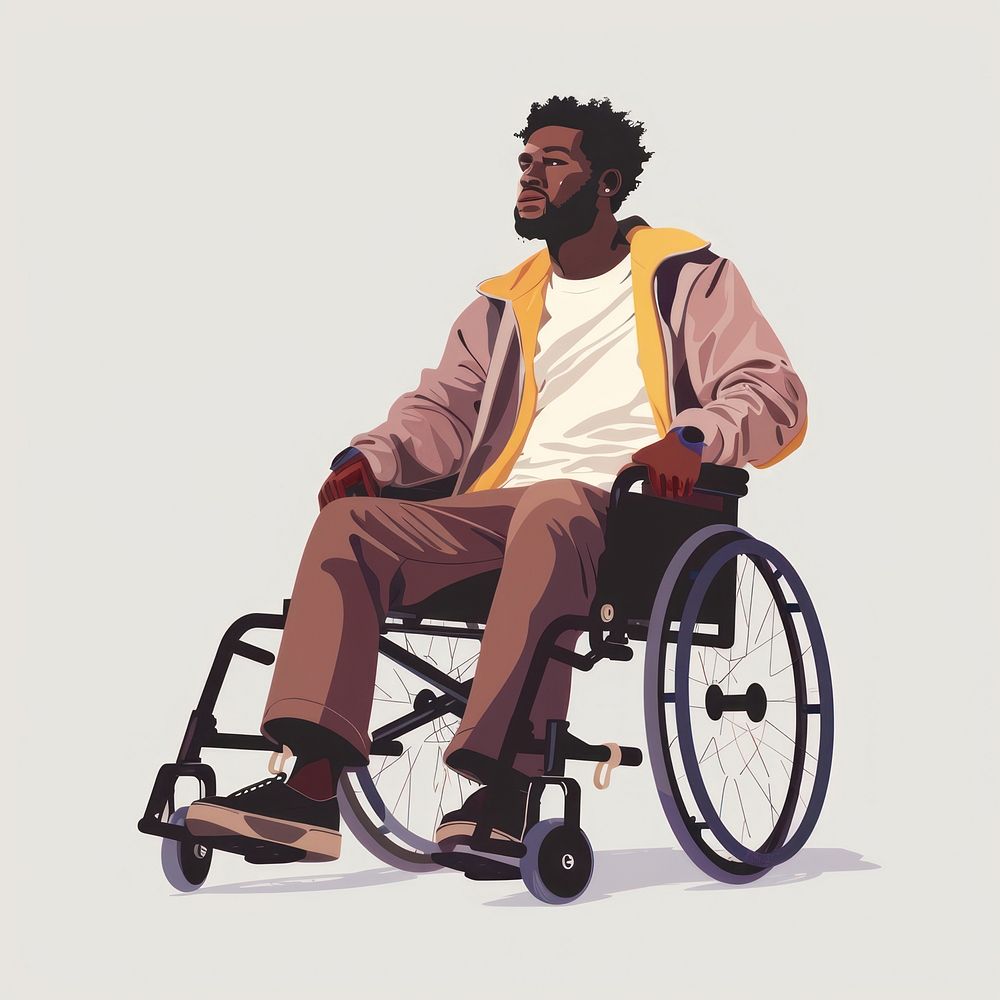 Black man in wheelchair transportation furniture e-scooter.