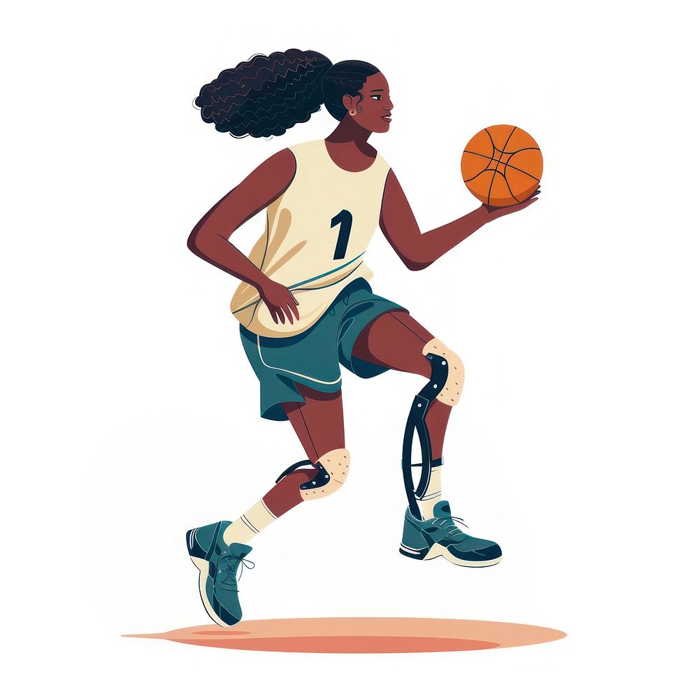 Woman with prosthetic leg basketball playing basketball clothing.