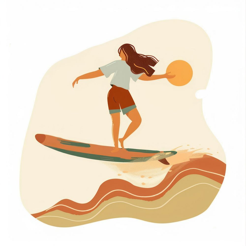Aesthetic boho female surfing art illustrated recreation.