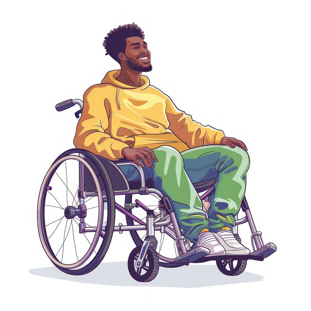 Black man in wheelchair furniture person device.