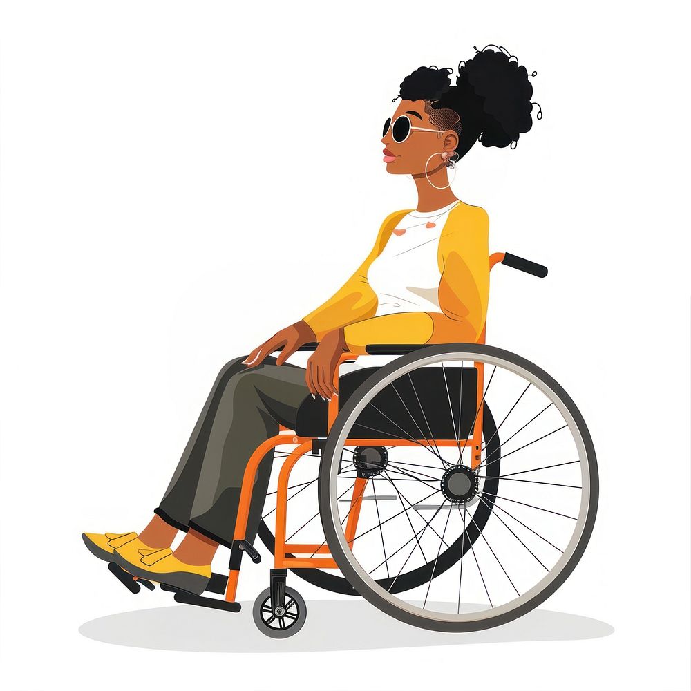 Black woman in wheelchair furniture sitting machine.