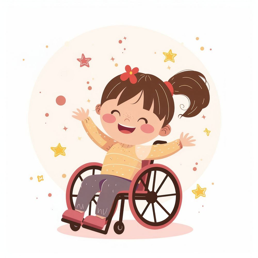 Happy girl in wheelchair furniture machine person.