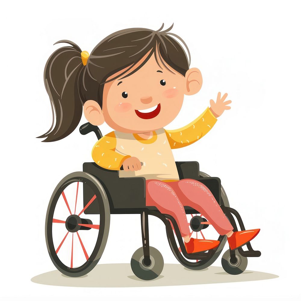 Happy little girl in wheelchair furniture machine person.