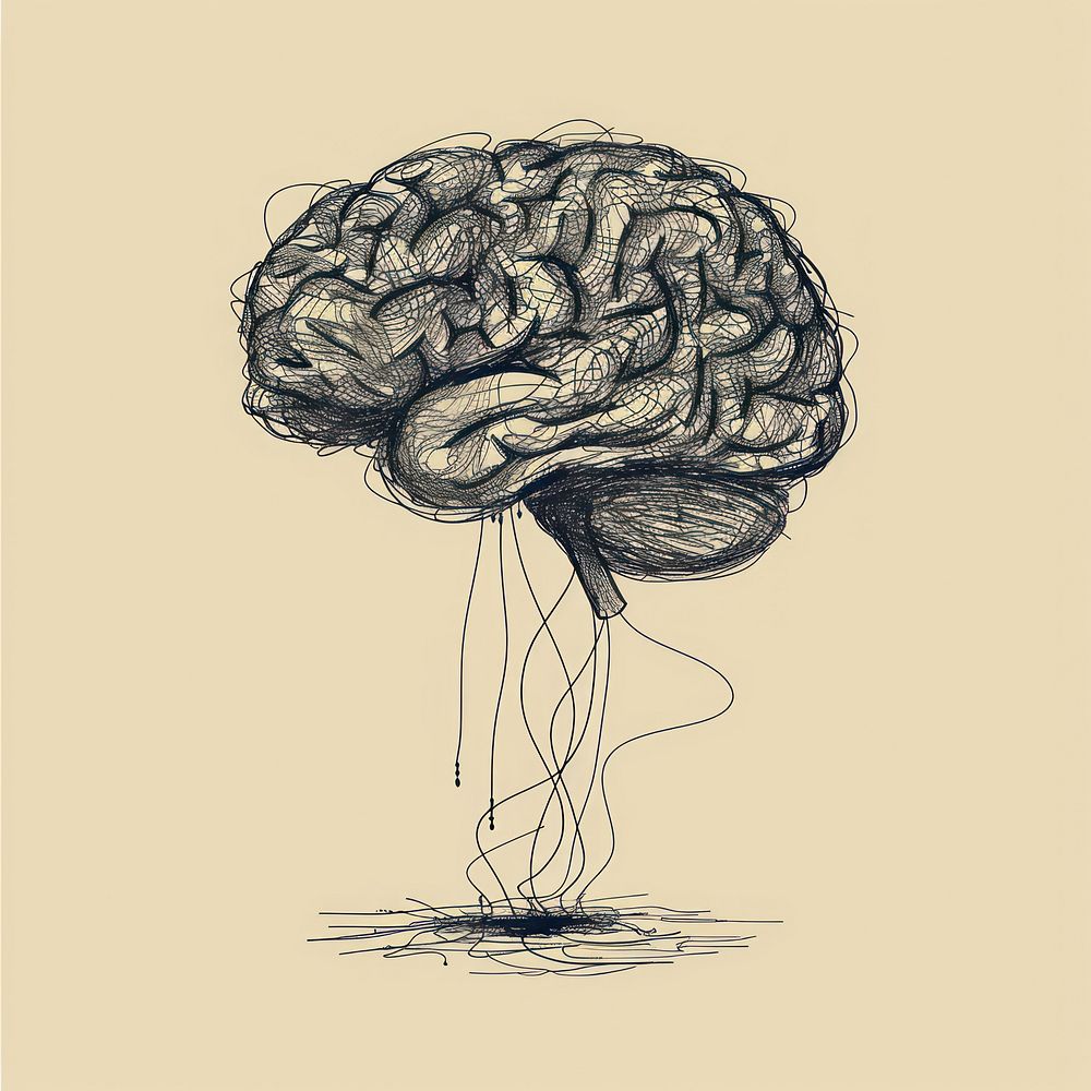 Hand drawn of brain drawing illustrated sketch.