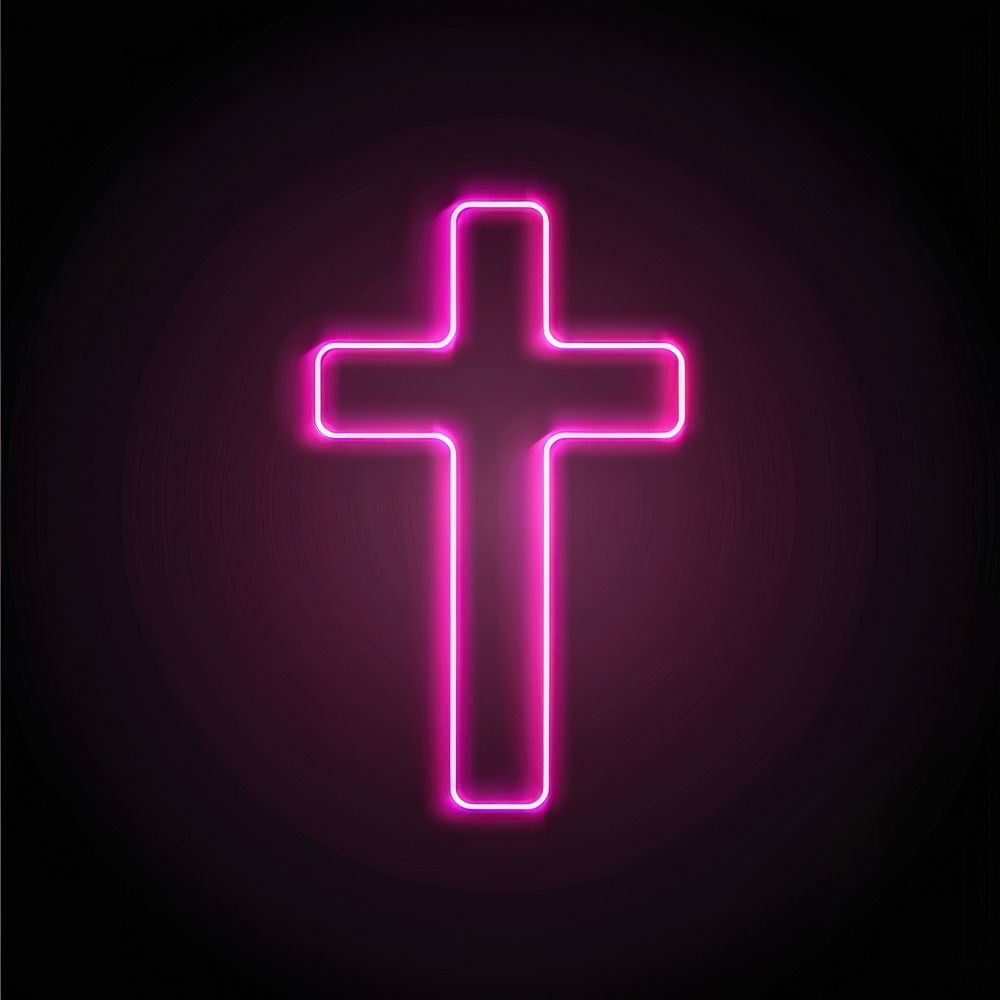 Line neon of cross icon symbol purple light.