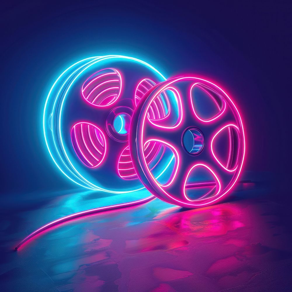 Line neon of movie roll icon lighting disk.
