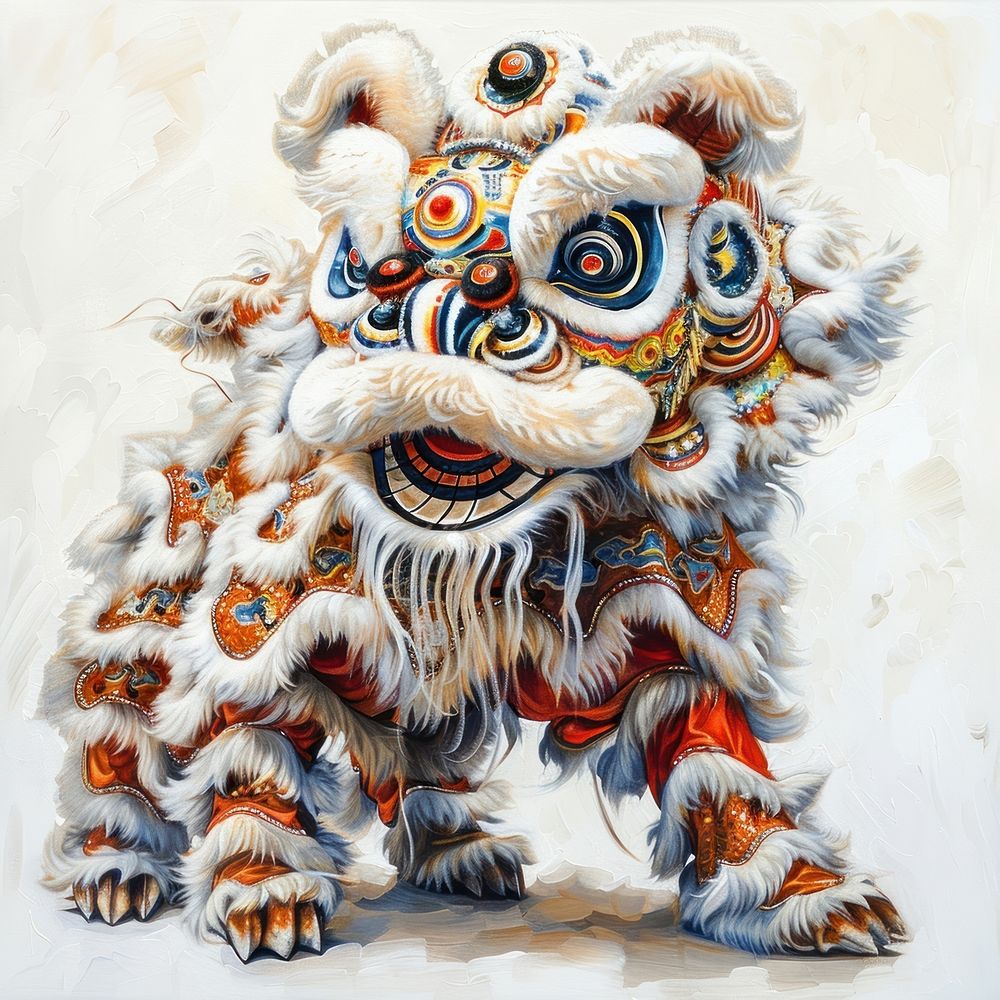 Chinese lion dancing painting wildlife animal.
