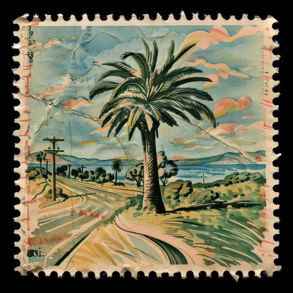 Vintage postage stamp with california arecaceae painting plant.