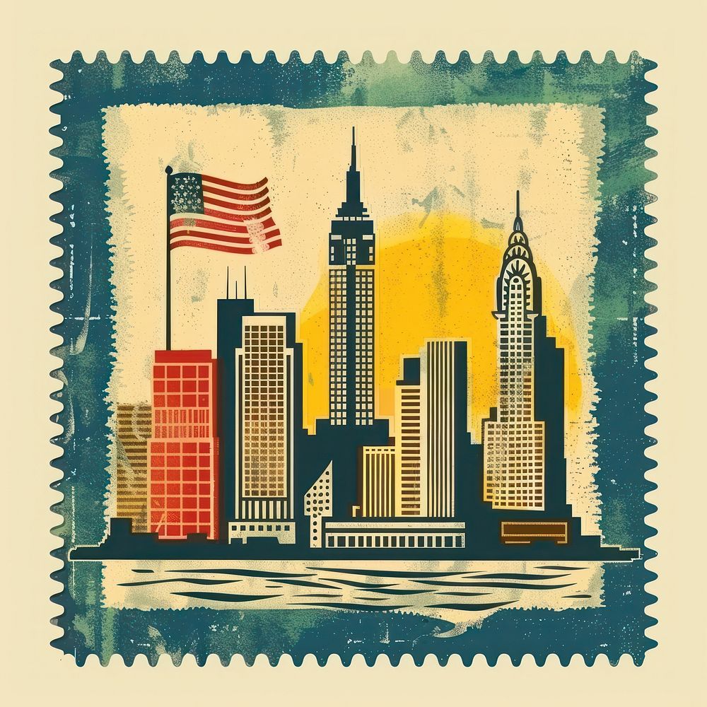 Vintage postage stamp with cityscape metropolis urban flag.