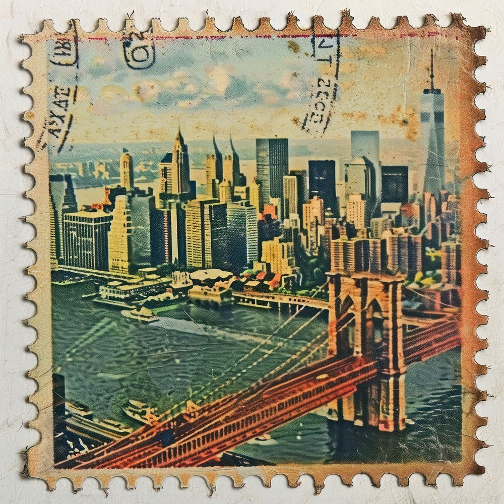 Vintage postage stamp with cityscape metropolis bridge urban.