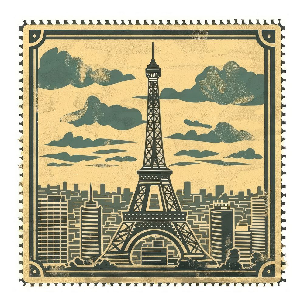 Vintage postage stamp with cityscape blackboard qr code.